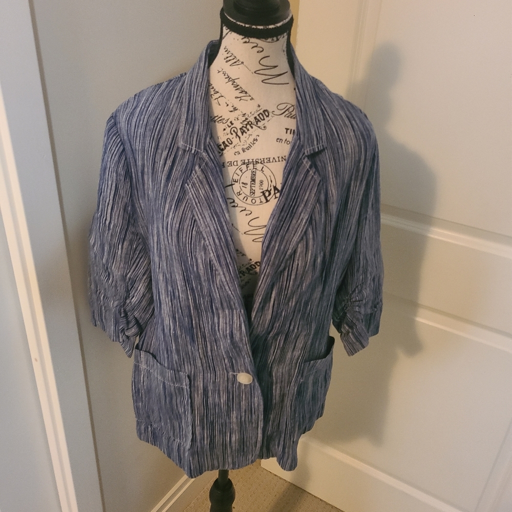 Blue Linen 3/4 Length Sleeve Jacket/ Blazer Size L